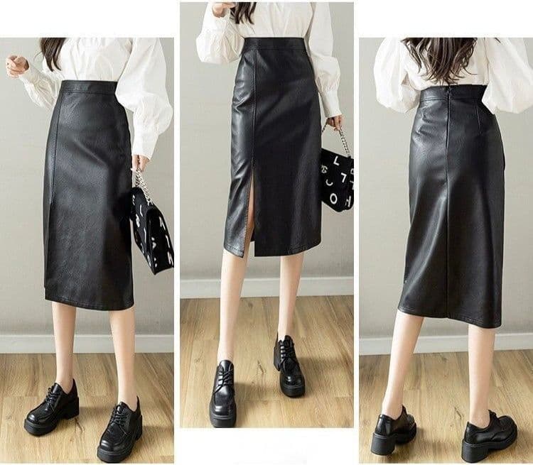 タイトスカート レザー調サイドスリット入りタイトスカート
