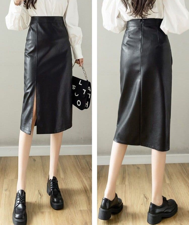 タイトスカート レザー調サイドスリット入りタイトスカート