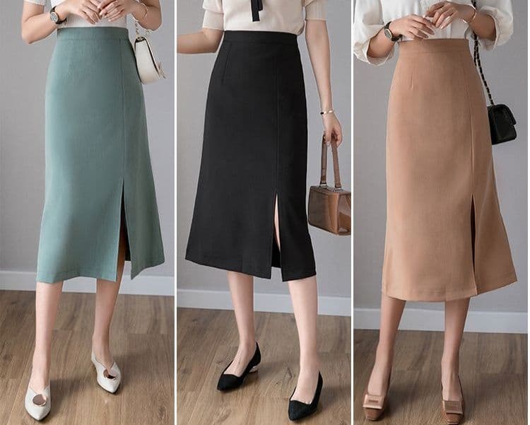 タイトスカート フロントスリット入りひざ丈タイトスカート