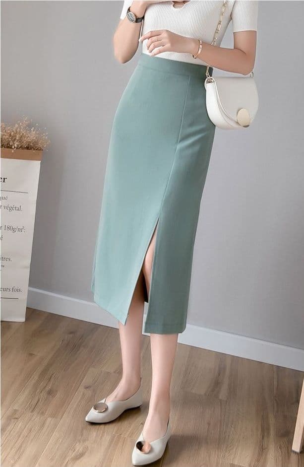 タイトスカート フロントスリット入りひざ丈タイトスカート