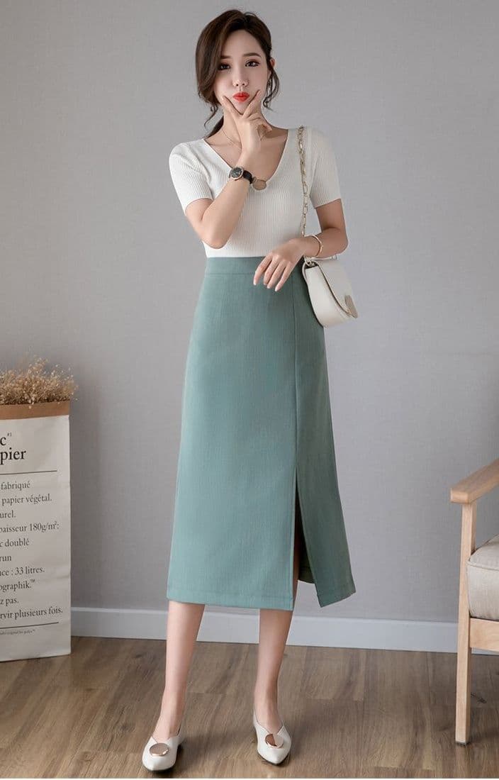 タイトスカート フロントスリット入りひざ丈タイトスカート