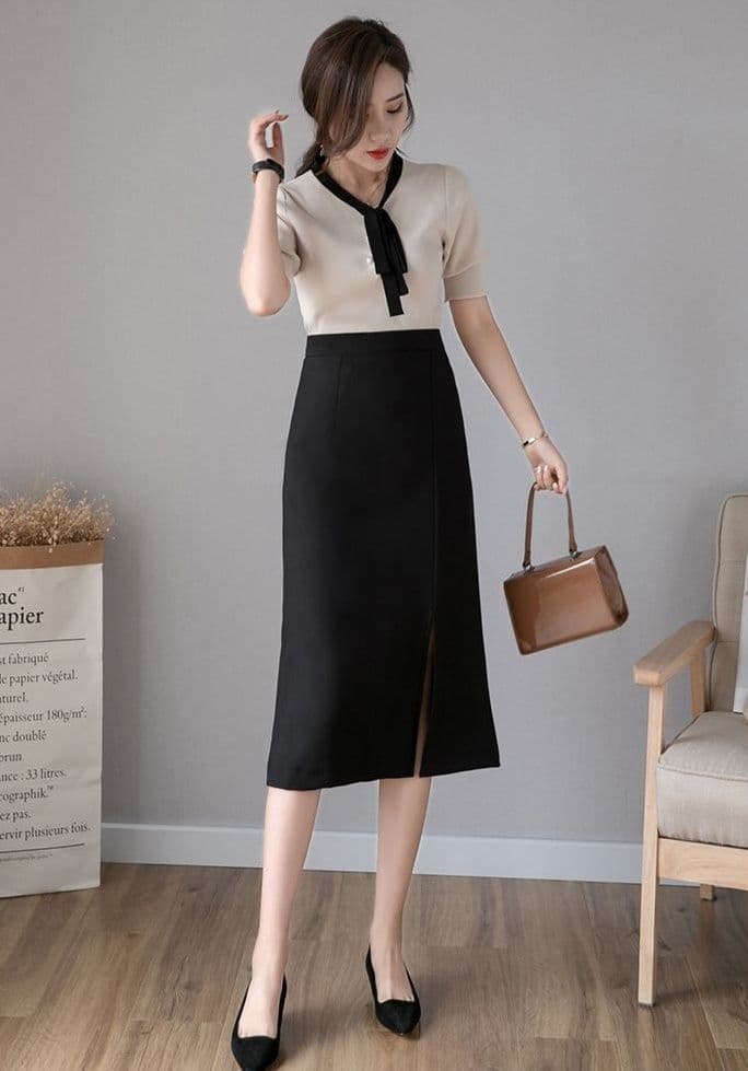 タイトスカート フロントスリット入りひざ丈タイトスカート