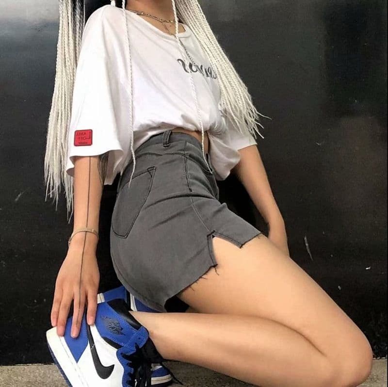 タイトスカート デニムフリンジ裾タイトミニスカート