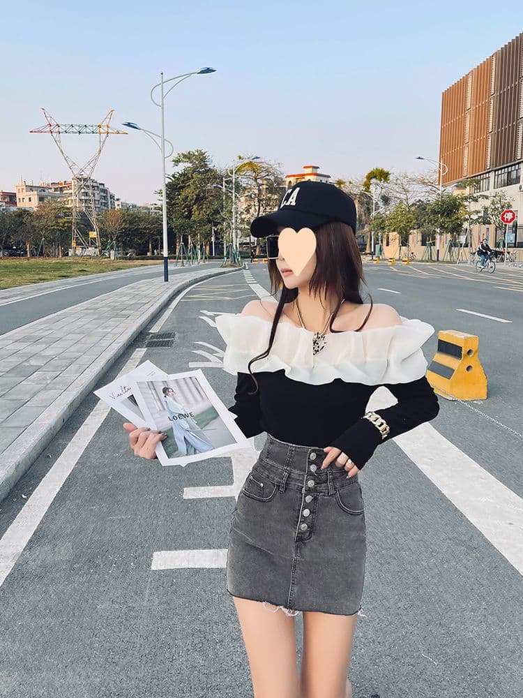 タイトスカート 腰高フロントボタンデニムタイトスカート