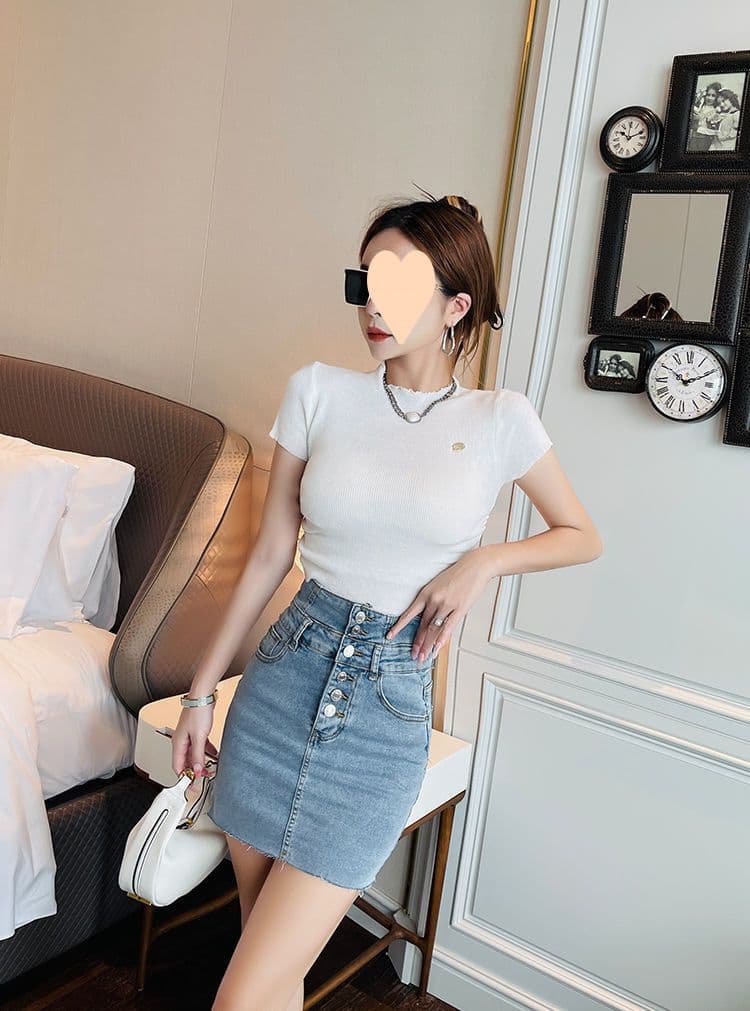 タイトスカート 腰高フロントボタンデニムタイトスカート