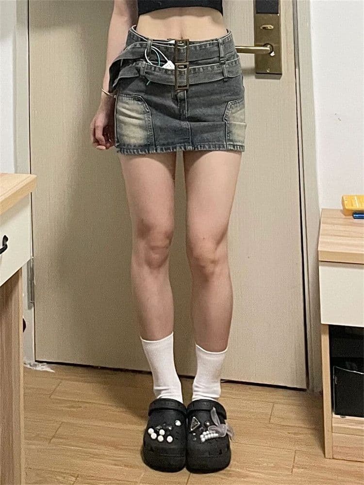 タイトスカート 二重ベルト付きヴィンテージ加工デニムタイトスカート