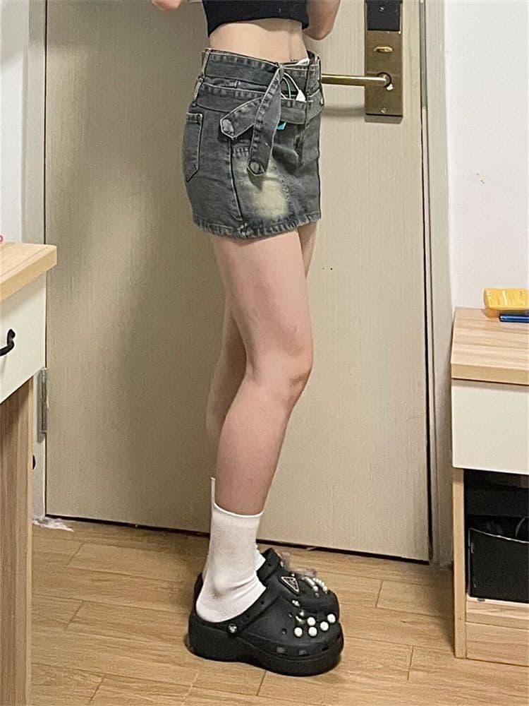 タイトスカート 二重ベルト付きヴィンテージ加工デニムタイトスカート