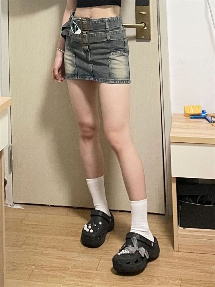 タイトスカート 二重ベルト付きヴィンテージ加工デニムタイトスカート