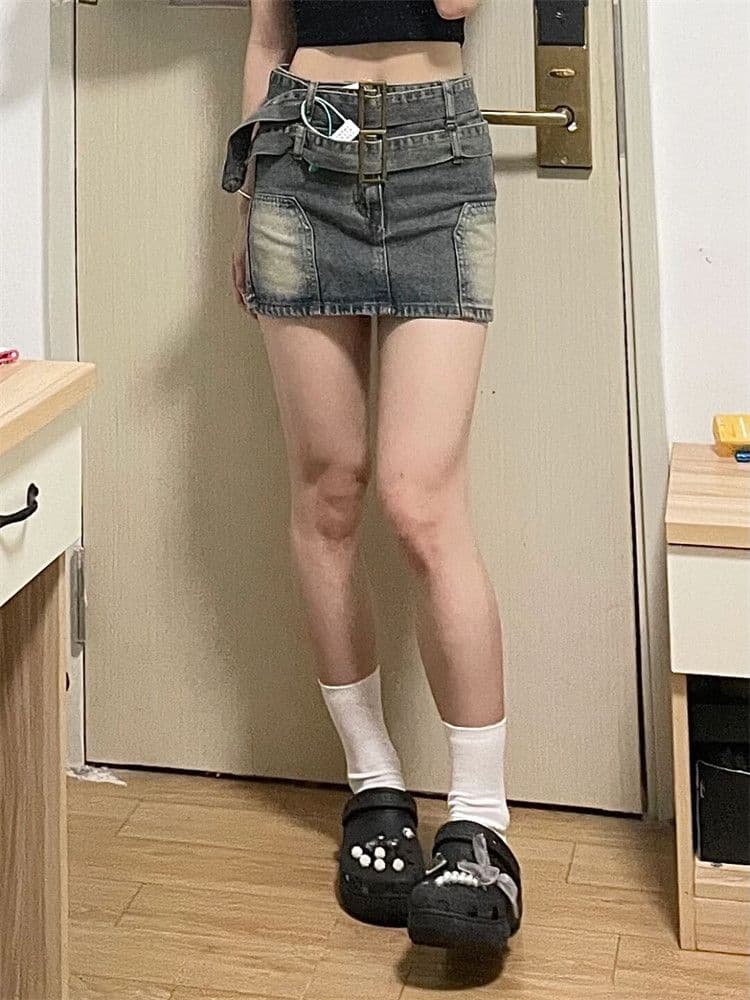 タイトスカート 二重ベルト付きヴィンテージ加工デニムタイトスカート