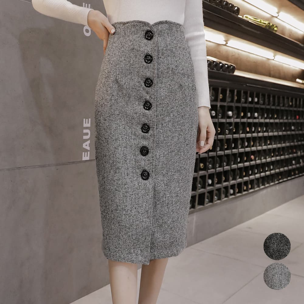 タイトスカート ツイード調フロントボタンひざ丈ペンシルスカート