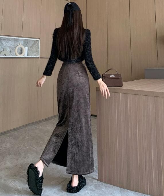 ハイウェストマキシタイトスカート ロング丈スリット入り