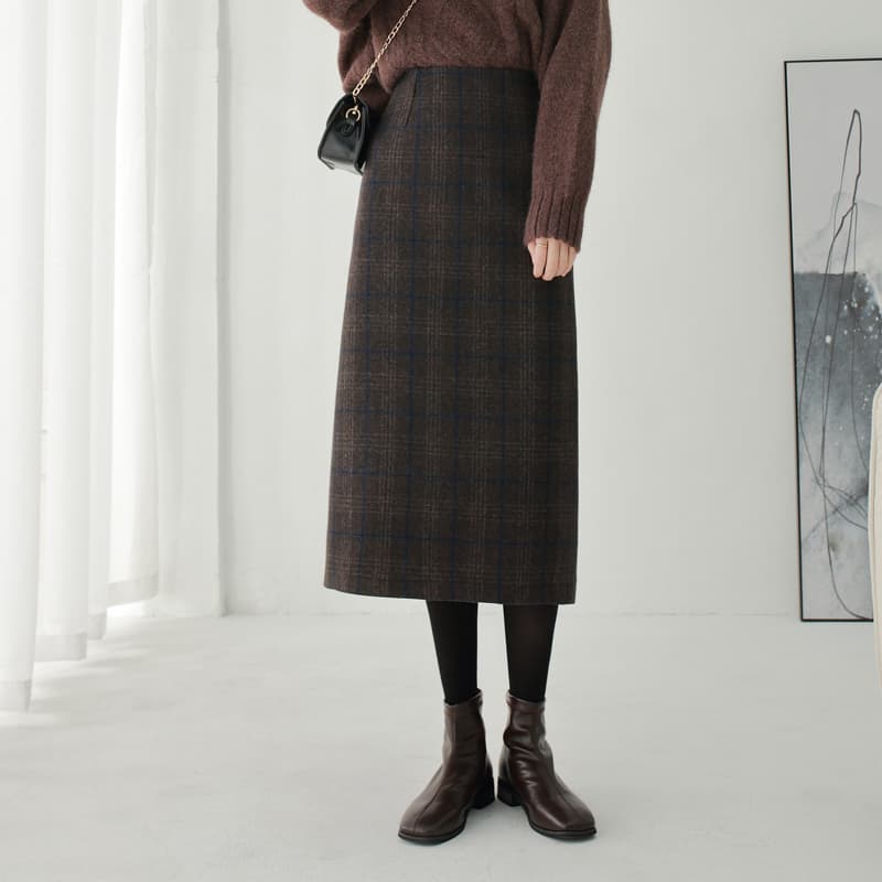 タイトスカート 上品チェック柄ウール混タイトスカート