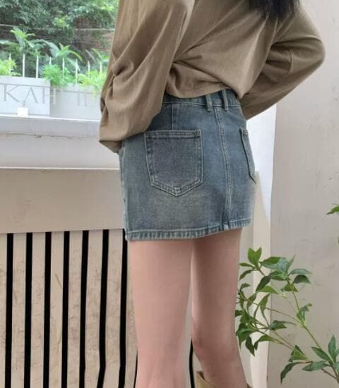 デニムミニスカート ハイウエスト台形タイトスカート