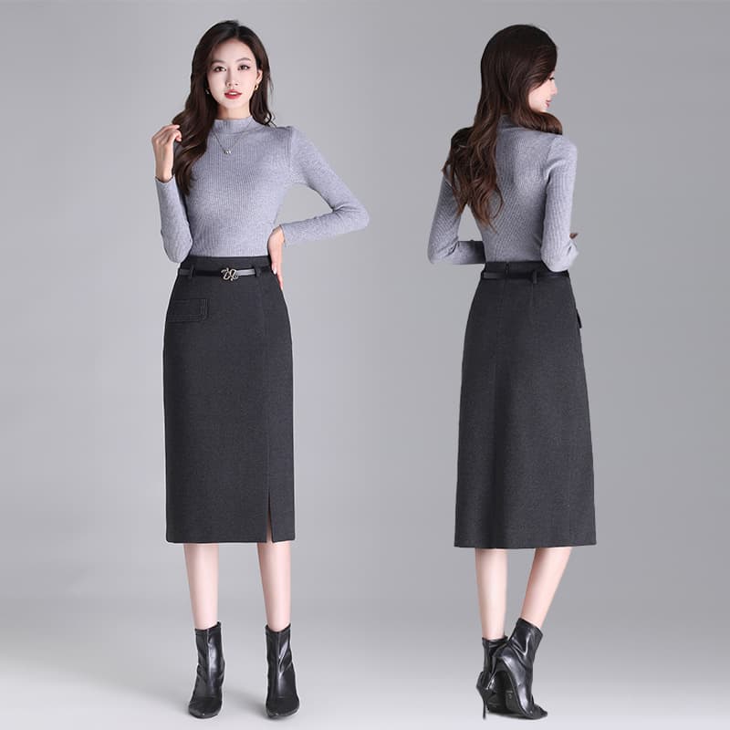 タイトスカート 上品なベルト付きスリット入りタイトスカート