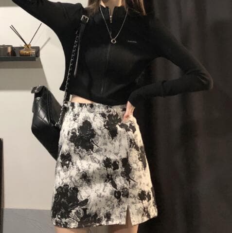 花柄ハイウエストミニタイトスカート