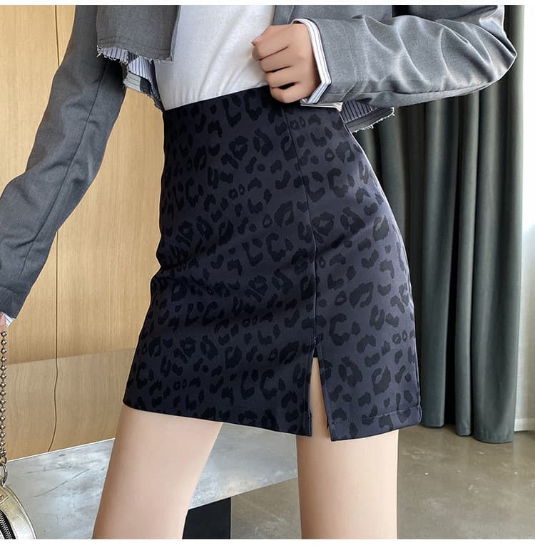 タイトスカート 豹柄ハイウエストミニスカート スリット入りタイトデザイン