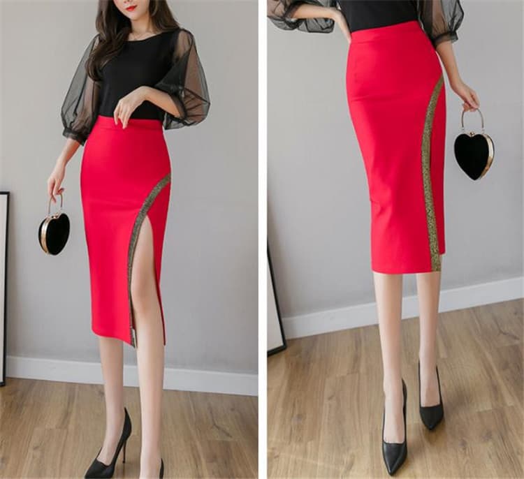 レース切り替えスリット入りひざ丈タイトスカート