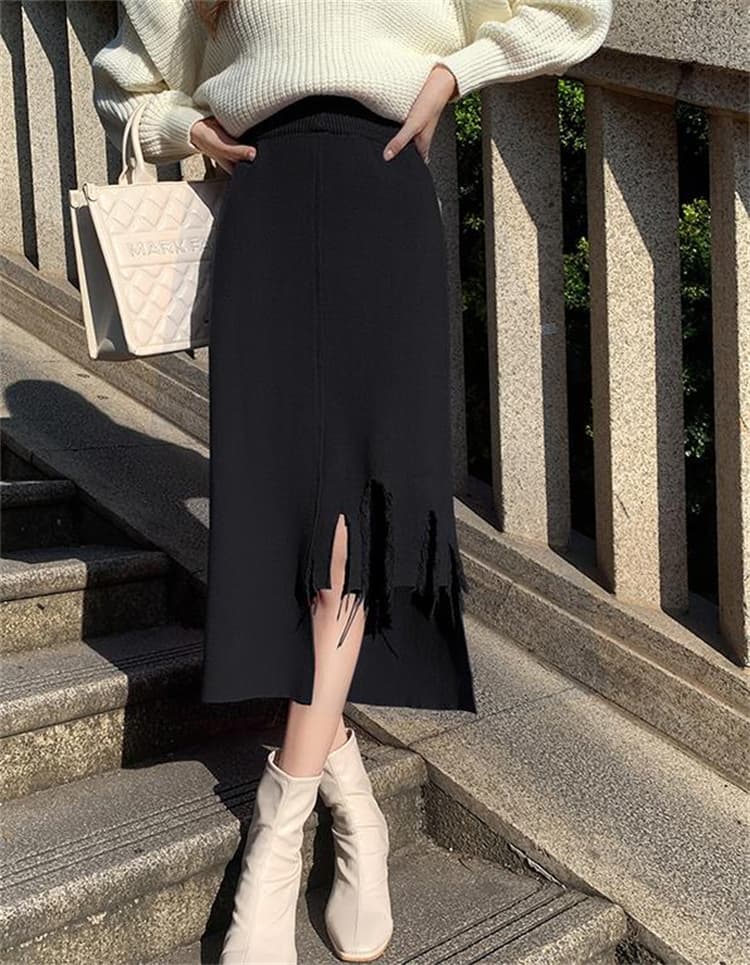 タイトスカート 裾ほつれニットロングスカート タイト美シルエット