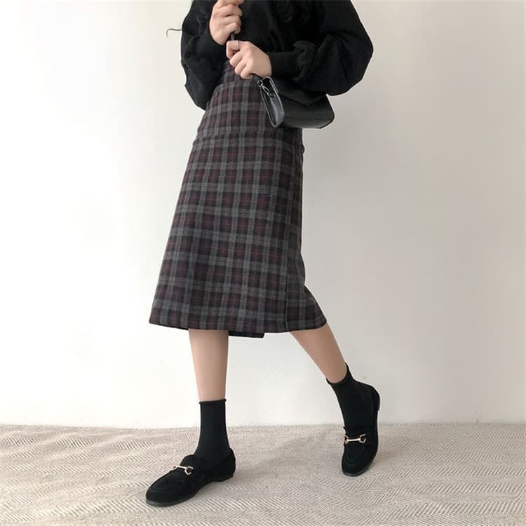 チェック柄ひざ丈ハイウエストタイトスカート学院風