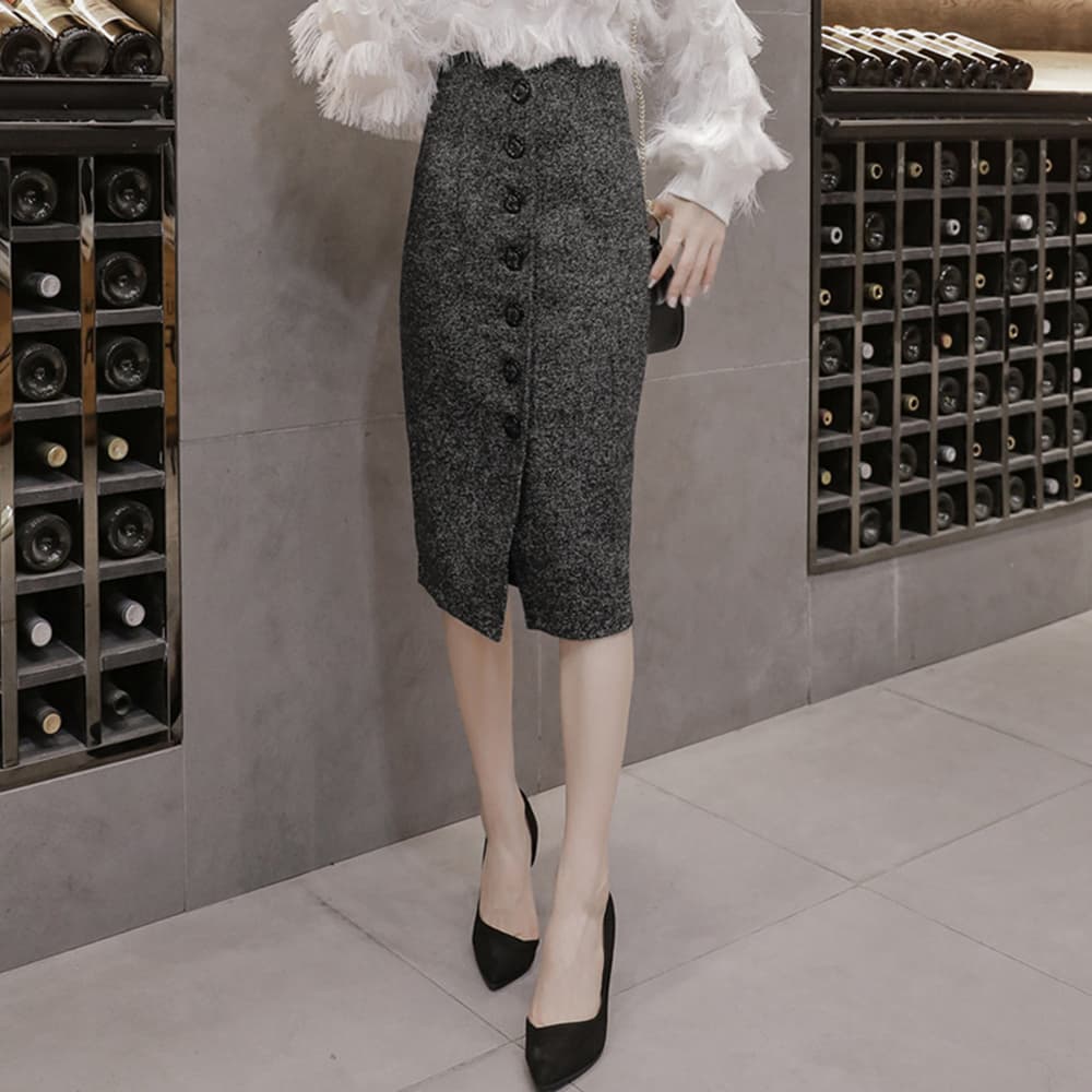 タイトスカート ツイード調フロントボタンひざ丈ペンシルスカート