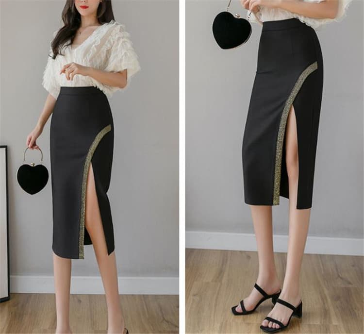 レース切り替えスリット入りひざ丈タイトスカート