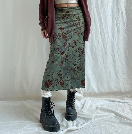 花柄ロング丈ハイウエストタイトスカート復古風