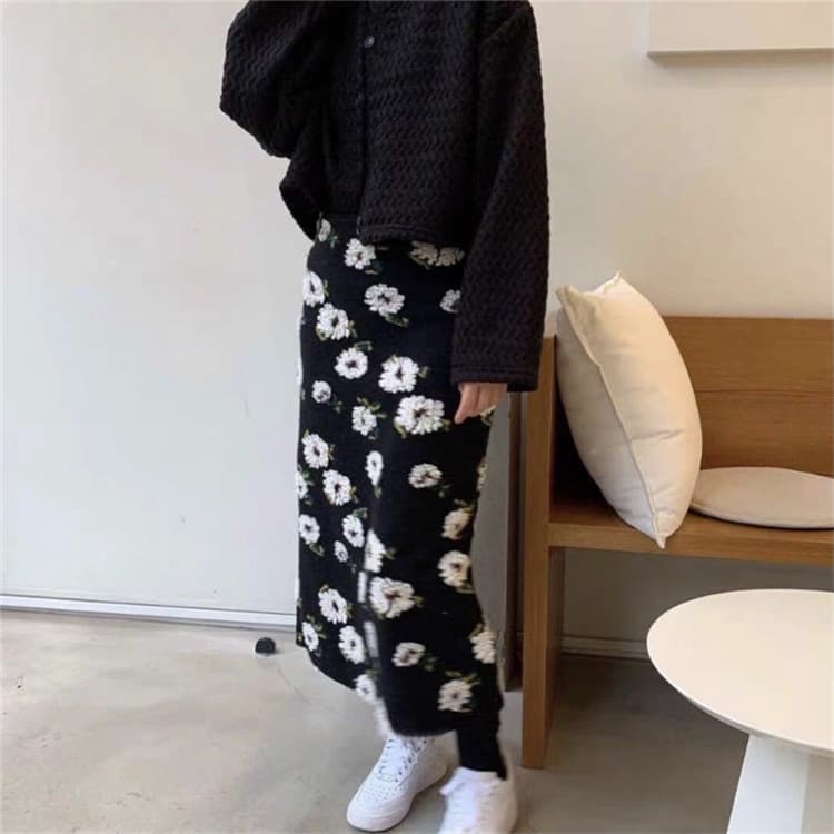 花柄ロングタイトスカート レトロ上品厚手素材