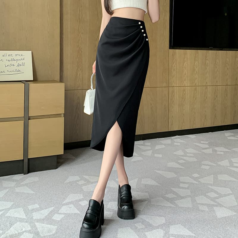 タイトスカート サイドボタン装飾巻き風タイトロングスカート