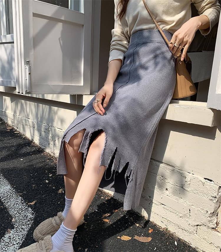 タイトスカート 裾ほつれニットロングスカート タイト美シルエット