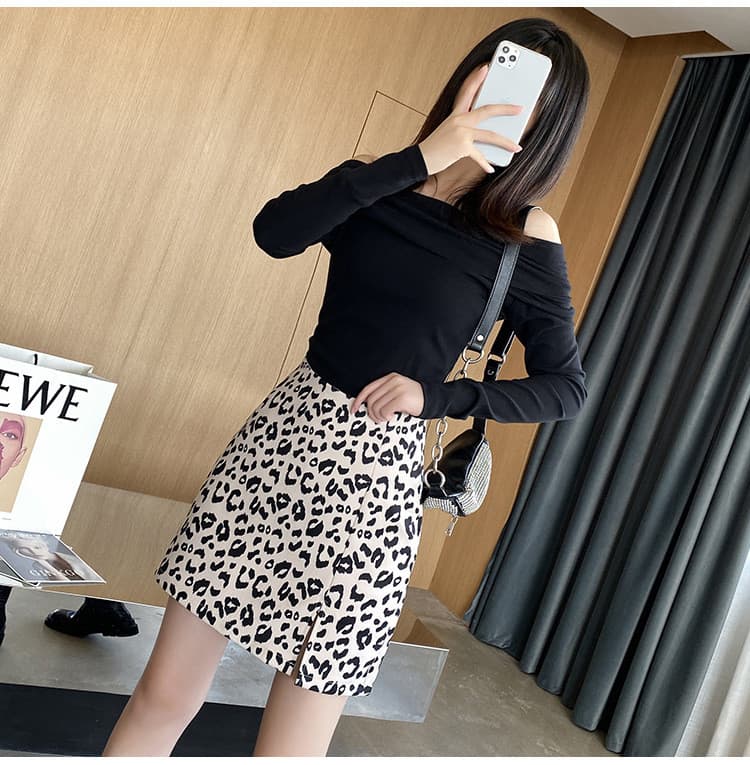 タイトスカート 豹柄ハイウエストミニスカート スリット入りタイトデザイン