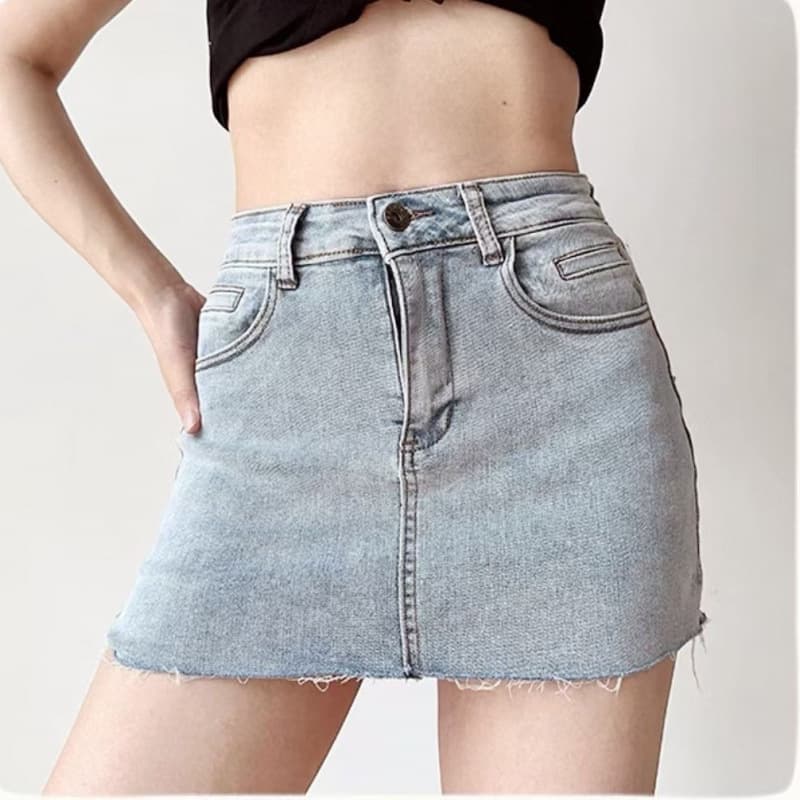 タイトスカート 切りっぱなしフリンジデニムタイトミニスカート