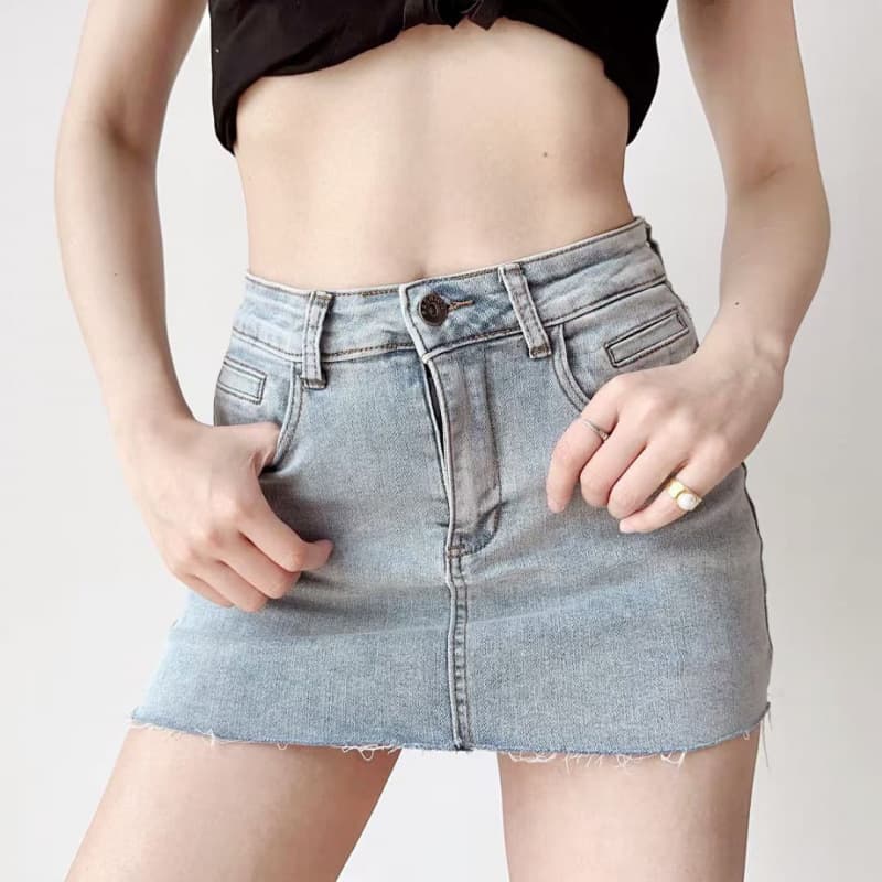 タイトスカート 切りっぱなしフリンジデニムタイトミニスカート