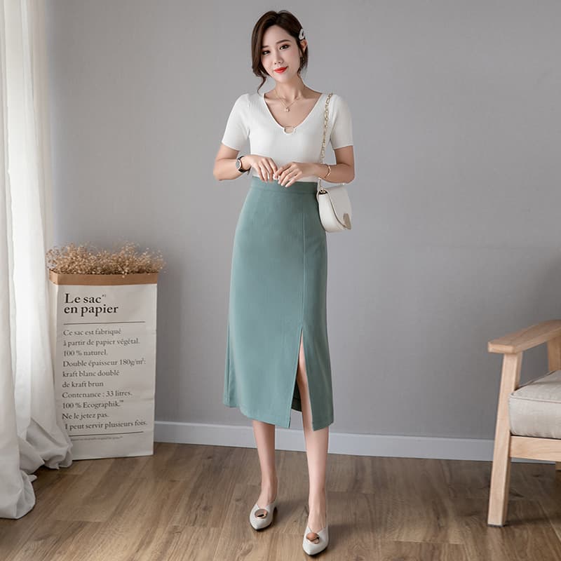 タイトスカート フロントスリット入りひざ丈タイトスカート