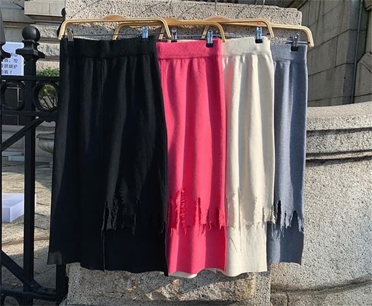 タイトスカート 裾ほつれニットロングスカート タイト美シルエット