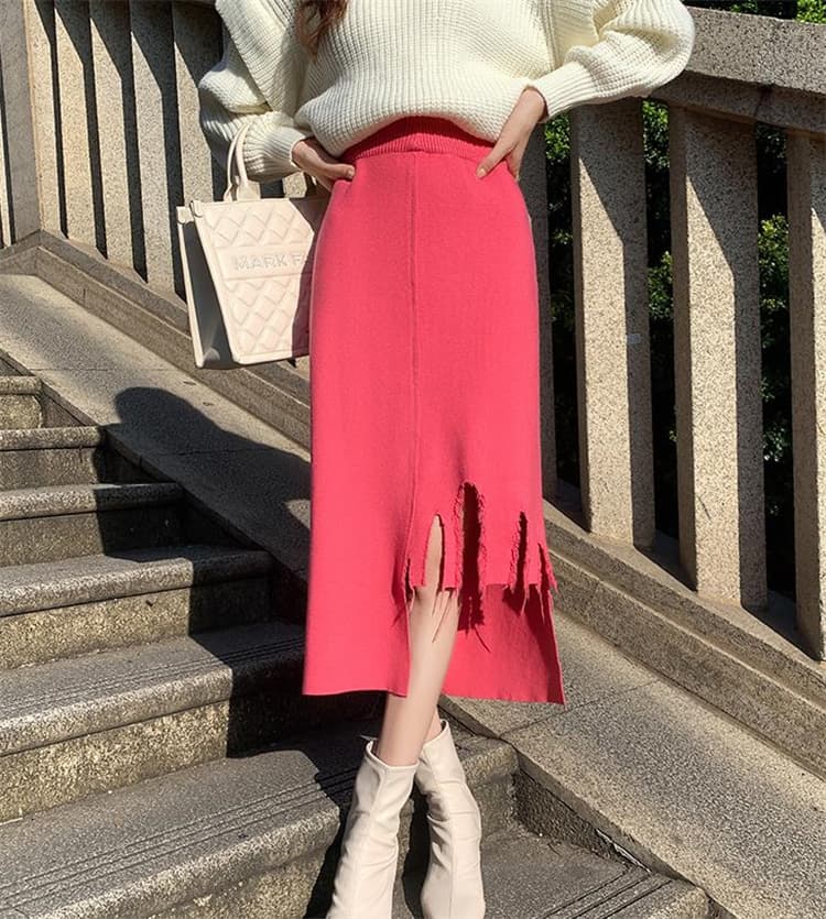 タイトスカート 裾ほつれニットロングスカート タイト美シルエット