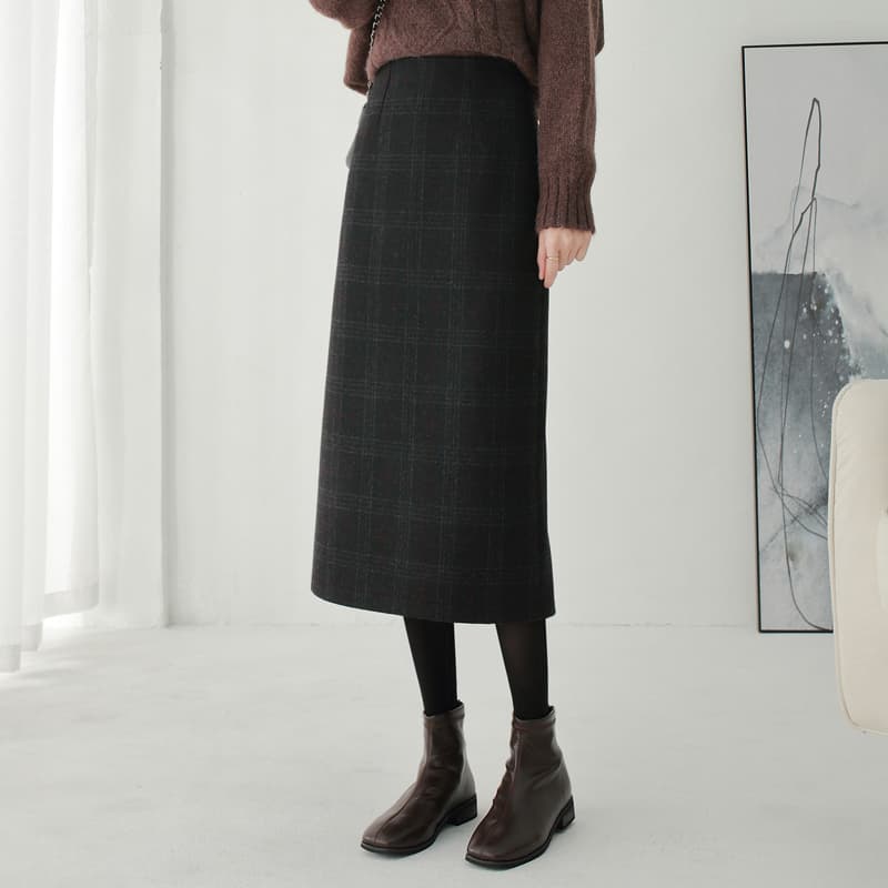 タイトスカート 上品チェック柄ウール混タイトスカート