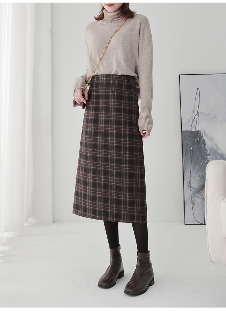 タイトスカート 上品チェック柄ウール混タイトスカート