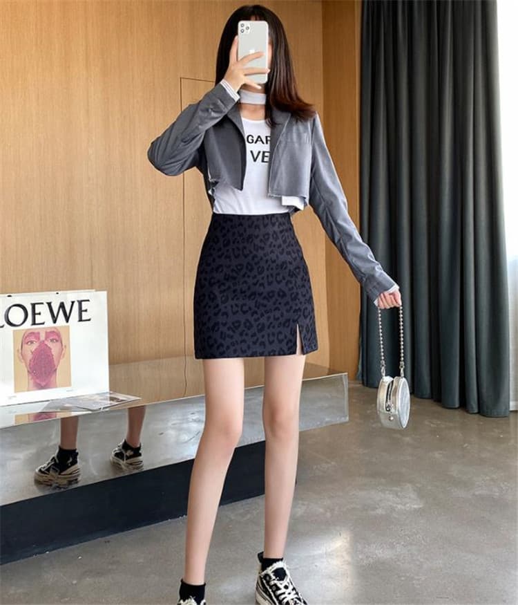タイトスカート 豹柄ハイウエストミニスカート スリット入りタイトデザイン