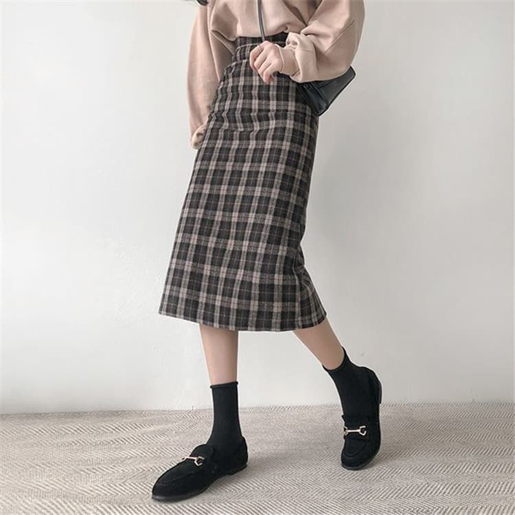 チェック柄ひざ丈ハイウエストタイトスカート学院風