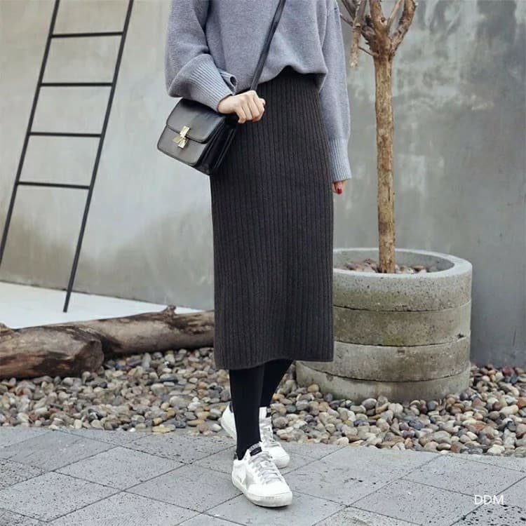 美脚ロング丈リブニットタイトスカート きれいめボトムス