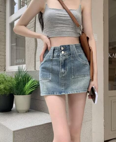 デニムミニスカート ハイウエスト台形タイトスカート