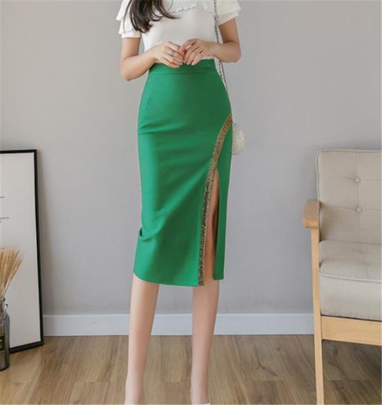 レース切り替えスリット入りひざ丈タイトスカート