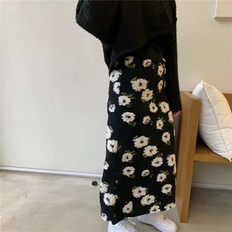 花柄ロングタイトスカート レトロ上品厚手素材