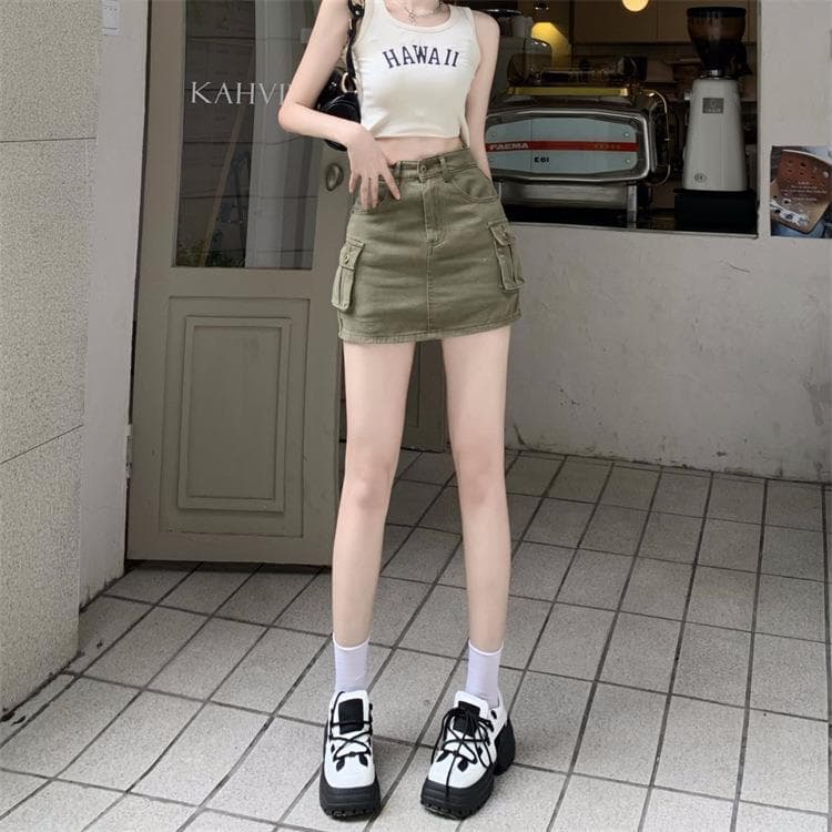 タイトスカート カーゴポケット付きデニム風タイトミニスカート