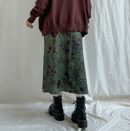 花柄ロング丈ハイウエストタイトスカート復古風