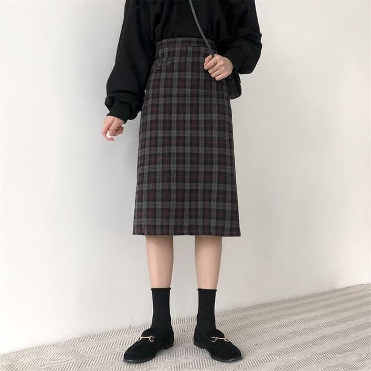 チェック柄ひざ丈ハイウエストタイトスカート学院風