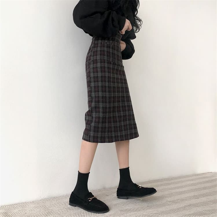チェック柄ひざ丈ハイウエストタイトスカート学院風