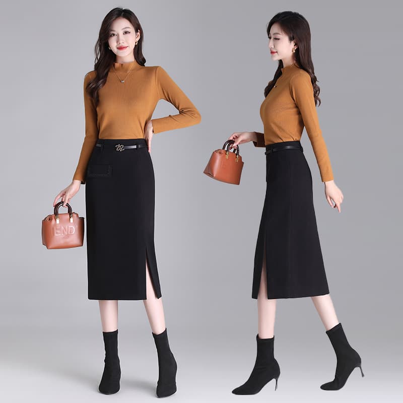 タイトスカート 上品なベルト付きスリット入りタイトスカート