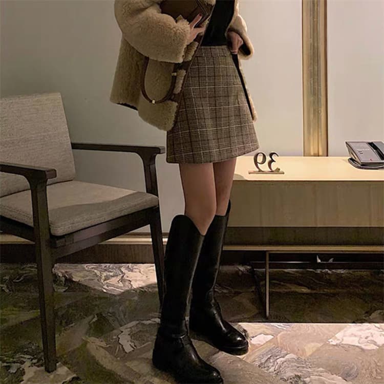 タイトスカート 大きいサイズ対応 格子縞ハイウエストミニスカート上品