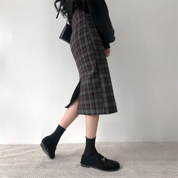 チェック柄ひざ丈ハイウエストタイトスカート学院風